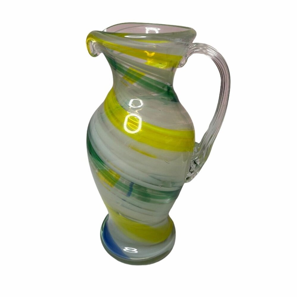 Art Glass Pitcher Ewer Yellow Green Blue White Swirl Applied Handle 8” Height